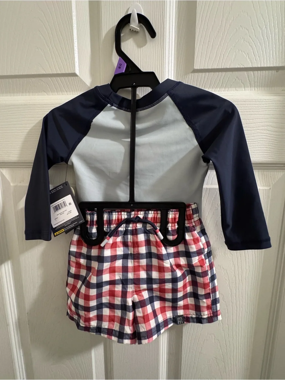 Kids Navy & Light Blue Rash Guard Set with Red Plaid Swim Trunks